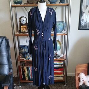 Vintage 1940s clown novelty Pattern dress navy green and pink Size XS